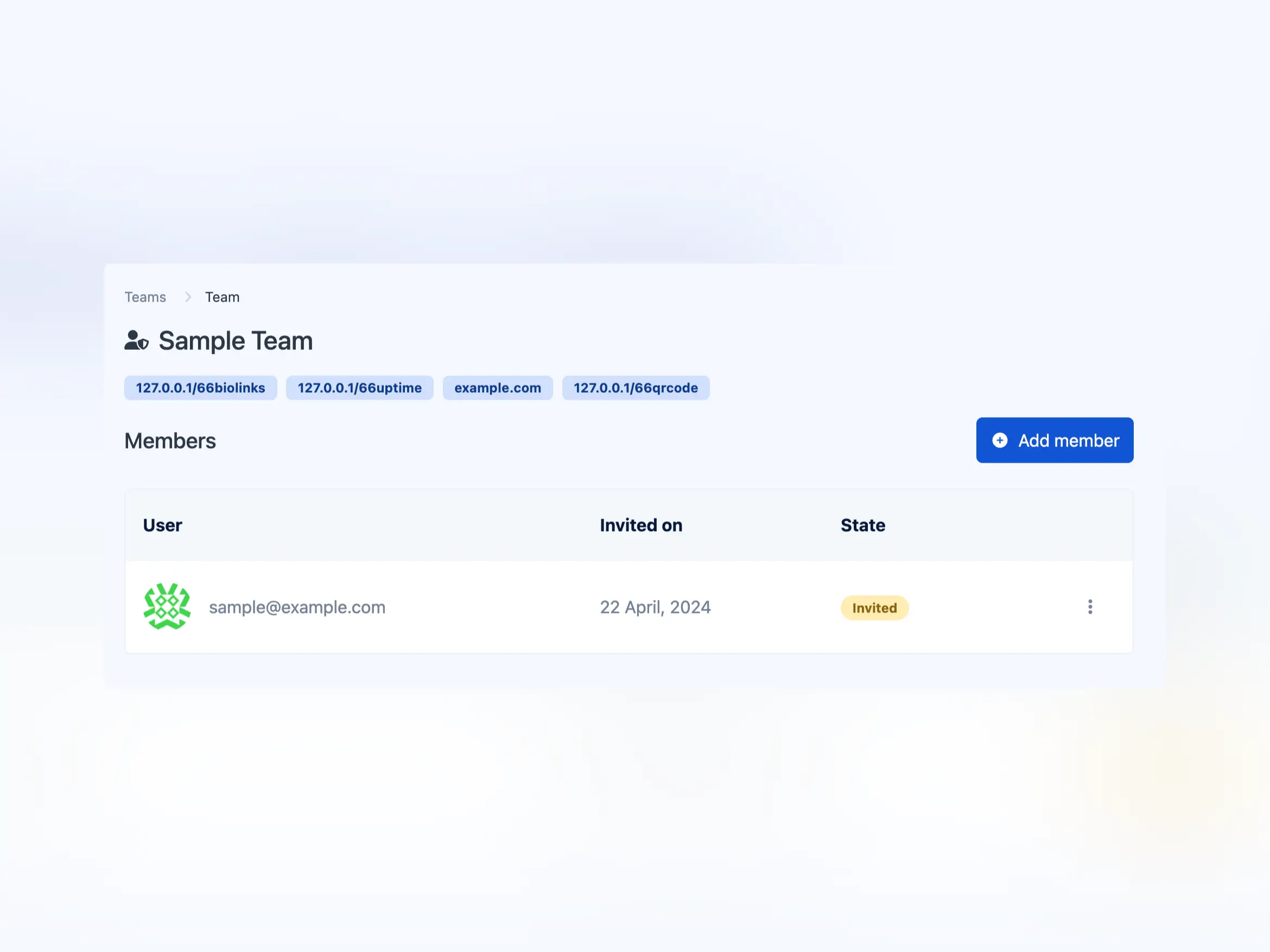 Captura de tela da página de equipes do aplicativo